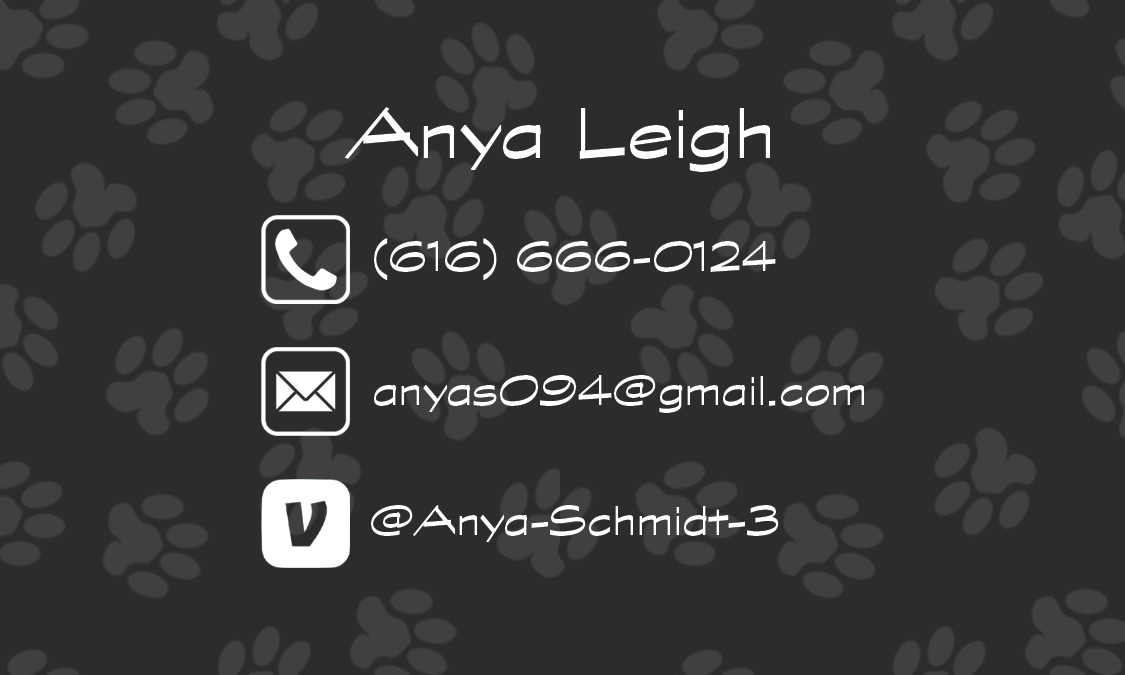 A dark gray business card with faded pawprints in the background with the business owner's name and contact info in white text